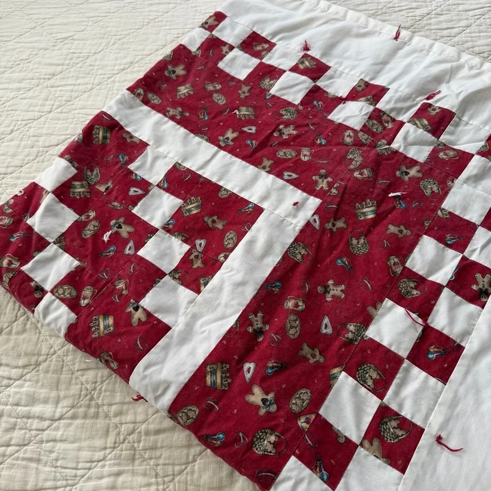 Vintage Handmade Patchwork Quilt – Red & White – 50” x 50” – Hand-Tied